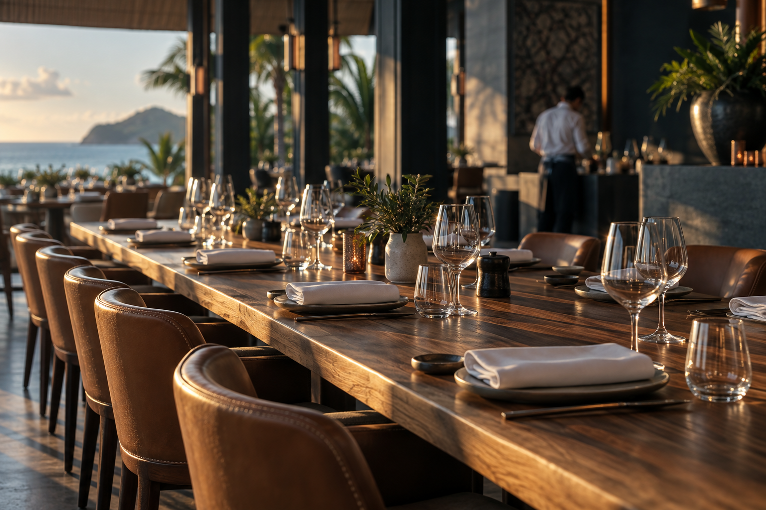 A thoughtfully prepared restaurant dining room in warm afternoon light